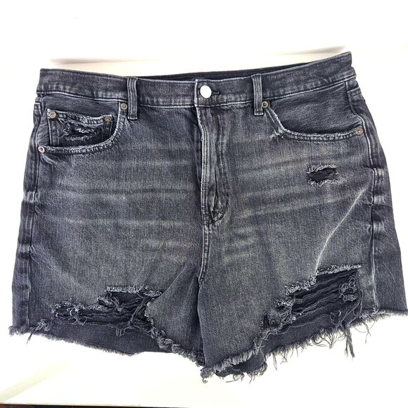 American Eagle Sz 16 High Rise Baggy Cutoff Distressed Shorts Black Stretch Rips - Picture 1 of 16